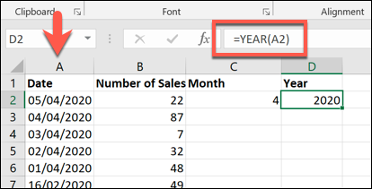 Funciones MES y AÑO, mostradas en una hoja de cálculo de Microsoft Excel