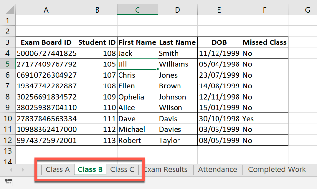 Un libro de Excel con hojas de cálculo como Categoría A, Categoría B y Categoría C.