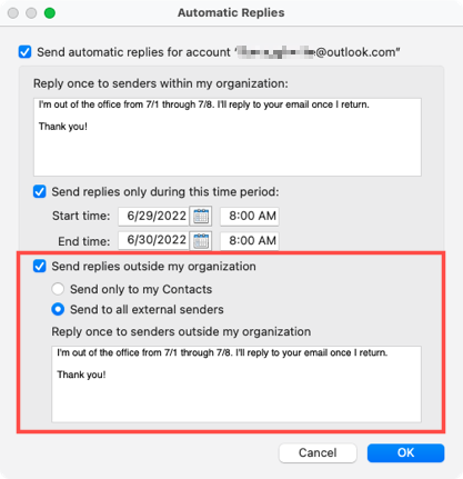 Enviar una respuesta externa en Outlook para Mac