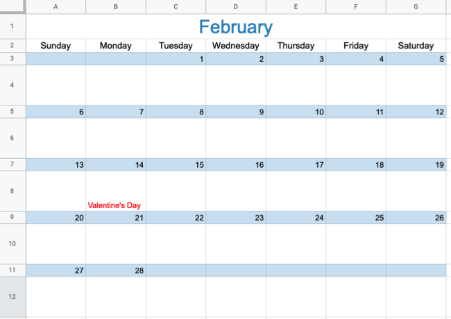 Calendario de febrero en Google Sheets