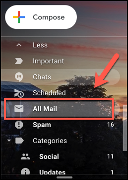Presione la pestaña Todos los correos en Gmail para ver todos los correos electrónicos, incluidos los correos electrónicos archivados
