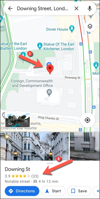 La búsqueda de una ubicación en Google Maps dará como resultado un pin caído en la misma ubicación. Para ver más información, haga clic en el panel de información en la parte inferior.