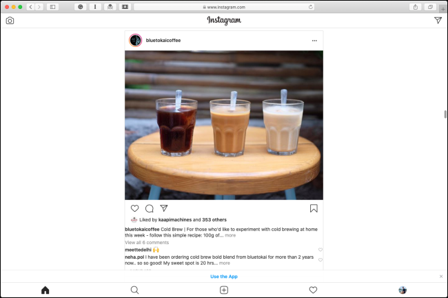 Diseño móvil de Instagram en Safari en Mac.