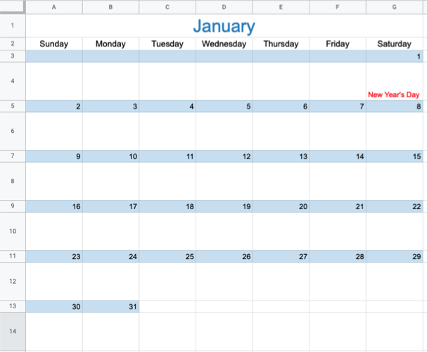 Calendario de enero en Hojas de cálculo de Google