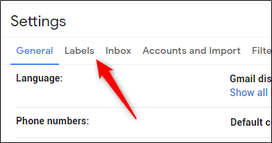 Pestaña Etiquetas en la configuración de Gmail