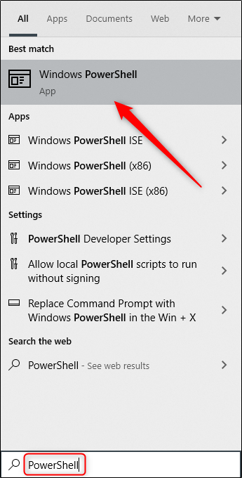 Escriba PowerShell en el cuadro de búsqueda de Windows y seleccione Windows PowerShell en los resultados.