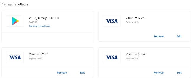 Ver sus métodos de pago en el menú de Google Pay