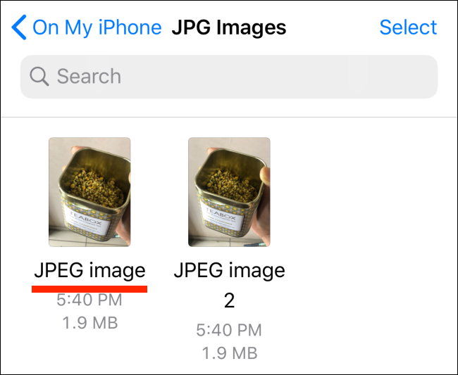 Fotos en formato JPG en la aplicación Archivos