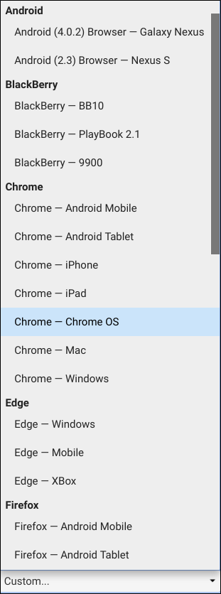 Una lista de selección de todos los agentes de usuario preconfigurados en Chrome.