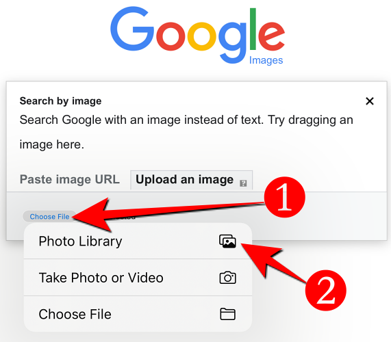 Seleccione el botón Elegir archivo y elija Biblioteca de fotos para abrir Fotos y seleccionar una imagen para cargar.
