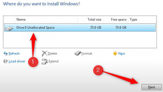 Seleccione la unidad donde se instalará Windows.