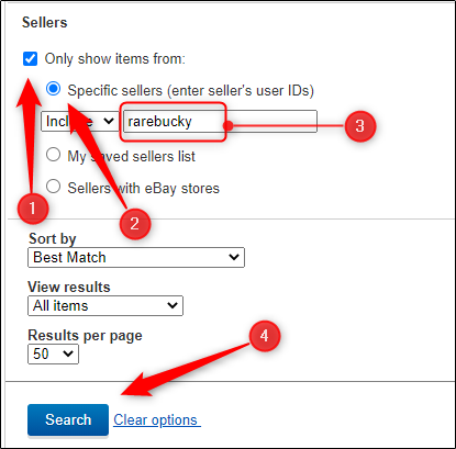 Elementos en la sección de vendedores de las opciones de búsqueda avanzada que se utilizan para buscar un vendedor específico