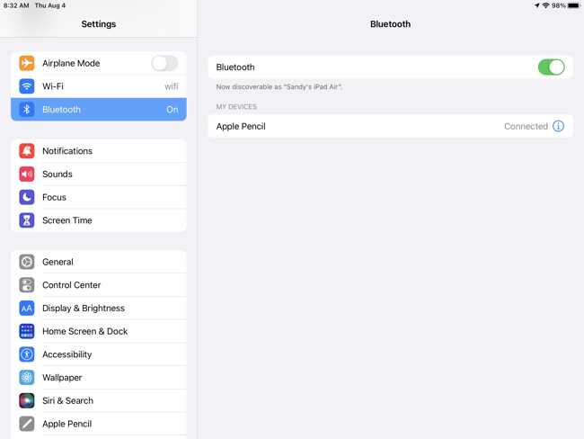 Configuración de Bluetooth en iPad que muestra Apple Pencil en la lista de dispositivos