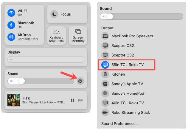 AirPlay for Sound en Control Center y Roku en la lista en Mac
