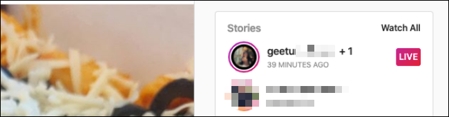Sección de historias en Instagram en un navegador de escritorio.
