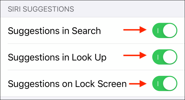 Toque el interruptor para deshabilitar las sugerencias de Siri
