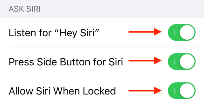 Toque el interruptor para deshabilitar Siri