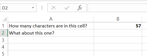 El número de caracteres en las celdas A1 y A2.