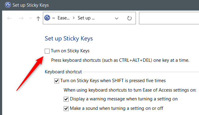 Desmarque la opción Activar Sticky Keys.
