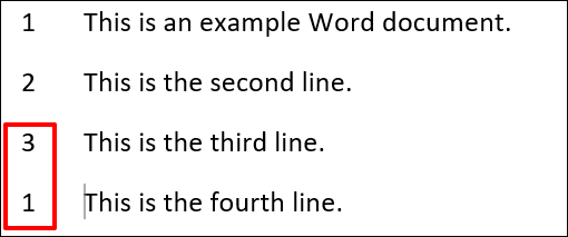 Ejemplo de números de línea en Word con una nueva secuencia de números que comienza después de un salto de sección