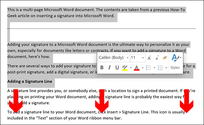 Para seleccionar contenido manualmente en una página de Microsoft Word, coloque el cursor del documento al principio de la página y arrástrelo hacia abajo.