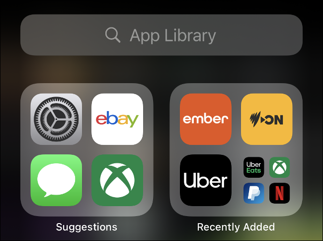 Biblioteca de aplicaciones iOS 14 y barra de búsqueda.