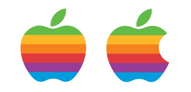 Un logotipo temprano de Apple no oficial modificado sin marcas de mordidas, y el logotipo real al lado