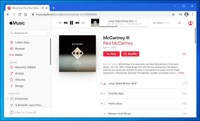 Reproduzca música en el reproductor web de Apple Music en Windows 10 Chrome.