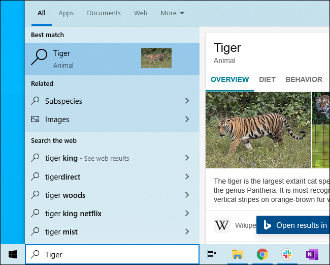 Una búsqueda de Bing muestra información sobre tigres en el menú Inicio de Windows 10.