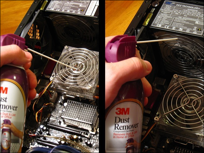 Sople el polvo del enfriador de la CPU y la fuente de alimentación