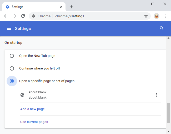 Quitar about:página de inicio en blanco de Chrome