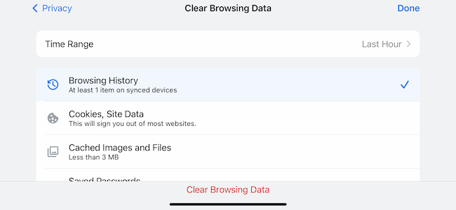 Borrar menú de configuración de datos de navegación en Google Chrome para iPhone