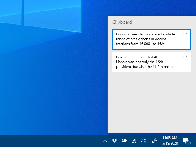 Ventana emergente del historial del portapapeles en Windows 10