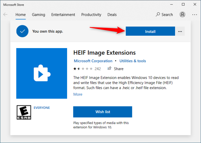 Seleccione Instalar para descargar HEIF Image Extensions de Microsoft Store.
