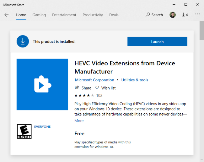 Extensiones de video HEVC gratuitas en Microsoft Store.