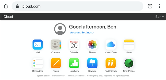 iCloud Dashboard en Android, mostrado en modo de vista de escritorio