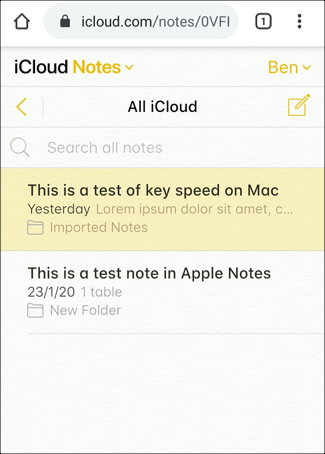 Notas de iCloud, mostradas usando el navegador Chrome en Android