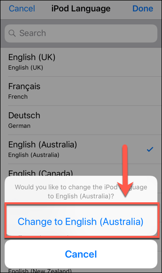 Seleccione un idioma y toque la opción Cambiar a para confirmar el cambio en iOS