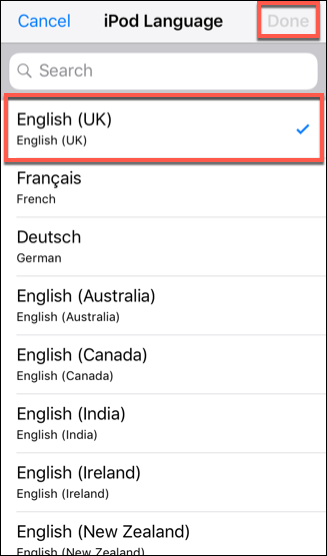 Elija un idioma de iOS y presione Listo para confirmar.