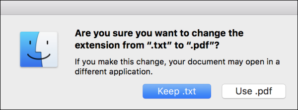 Mensaje de advertencia en Mac que pregunta si desea cambiar la extensión del archivo