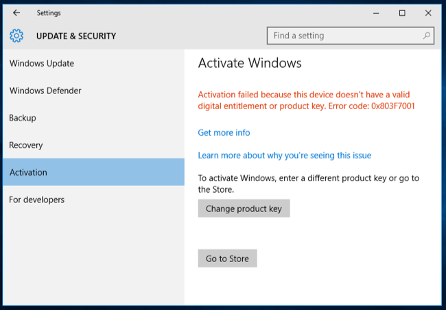 La ventana de Activación en la aplicación Configuración le indicará que cambie su clave o compre una en Microsoft Store.