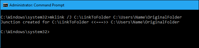 La ventana del símbolo del sistema crea con éxito un enlace simbólico duro entre C: LinktoFolder y C: UsersNameOriginalFolder