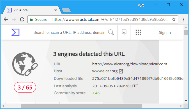 VirusTotal encontró que solo 3/65 motores detectaron algún tipo de malware.