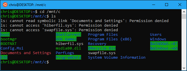 El comando ls se ejecuta en el directorio C: para listar archivos y carpetas.