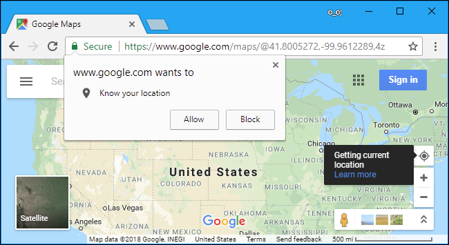 El sitio web de Google Maps solicita permiso de ubicación