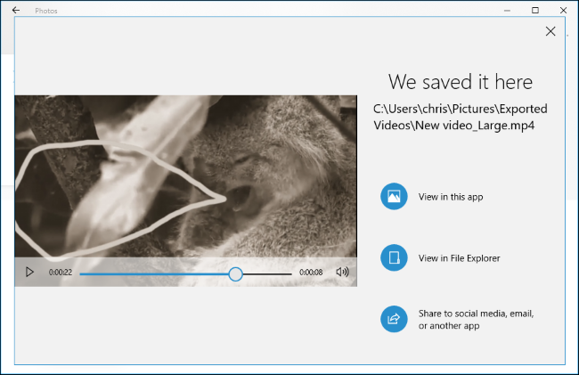 La aplicación Fotos explica dónde guardar el video exportado.