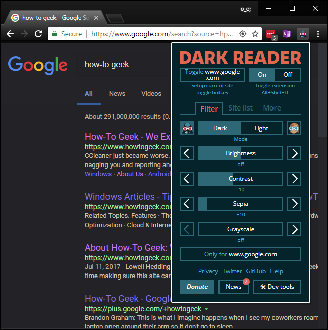 Menú de configuración de Dark Reader.