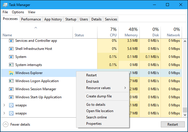 Opción para reiniciar el Explorador de Windows en el Administrador de tareas