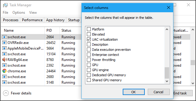 Seleccionar columnas para la pestaña Detalles del Administrador de tareas de Windows