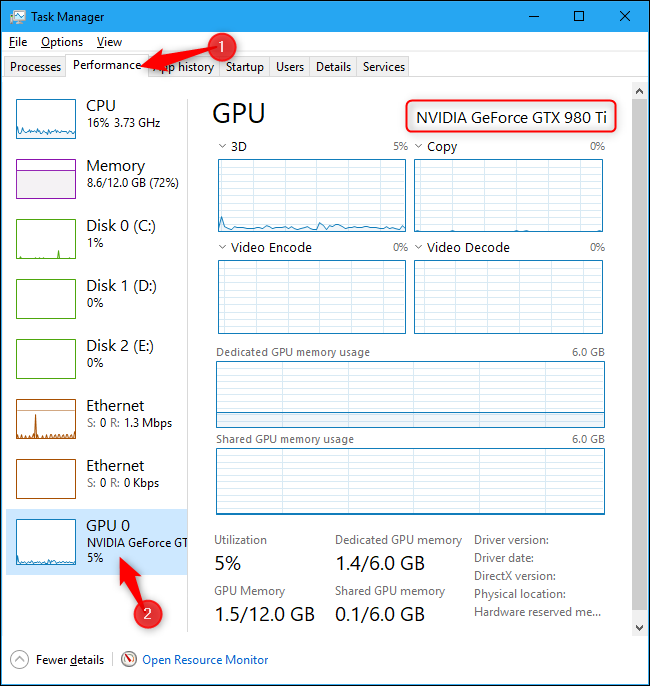 Nombre de la GPU de la computadora que se muestra en el Administrador de tareas de Windows 10